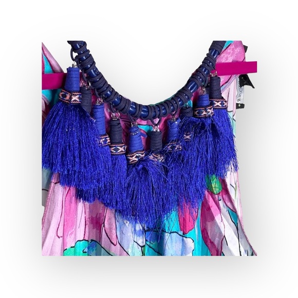 Boston Proper 𑁍 Floral Print Tassel Necklace Handkerchief Hem Dress 𑁍 Aqua 𑁍 - Picture 5 of 16